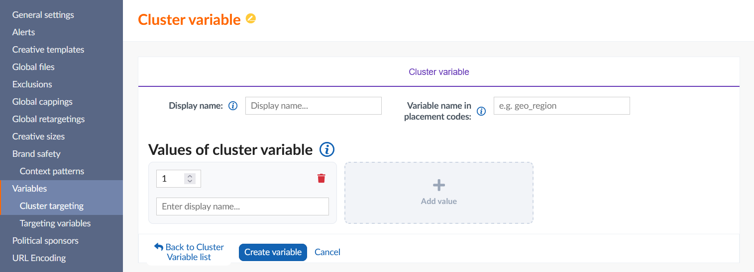 Cluster targeting variable editor
